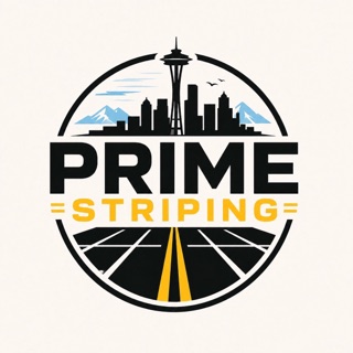 Prime Striping LLC — parking lot striping company logo with Seattle skyline
